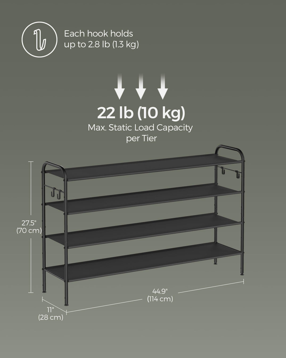 SONGMICS Shoe Rack, 4-Tier Shoe Organizer, Fabric Shoe Shelf Storage with 4 Hooks, Holds up to 24 Pairs of Shoes, Height-Adjustable Shoe Rack for Entryway, Hallway, Closet, Easy Assembly, Ink Black SONGMICS