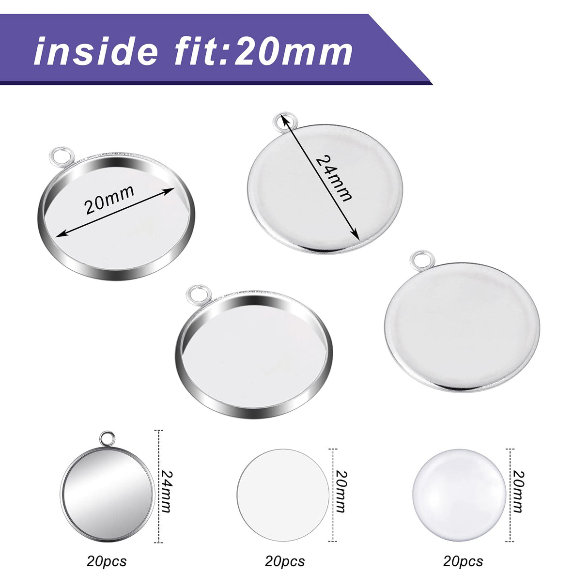 60 Sublimation Pendant Tray for Jewelry Making Include 20 Round Blank Pendant Base 20 Flatback Clear Glass Dome 20 Aluminum Sheet Sublimation Blanks Jewelry for DIY (20 mm) Hicarer