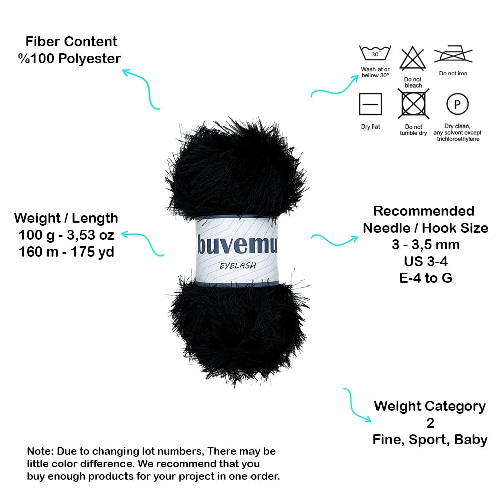 Buvemu Eyelash Fun Fur Yarn 100 Gram (3.53 Ounces) 175 Yards (160 Meters) (Black) buvemu