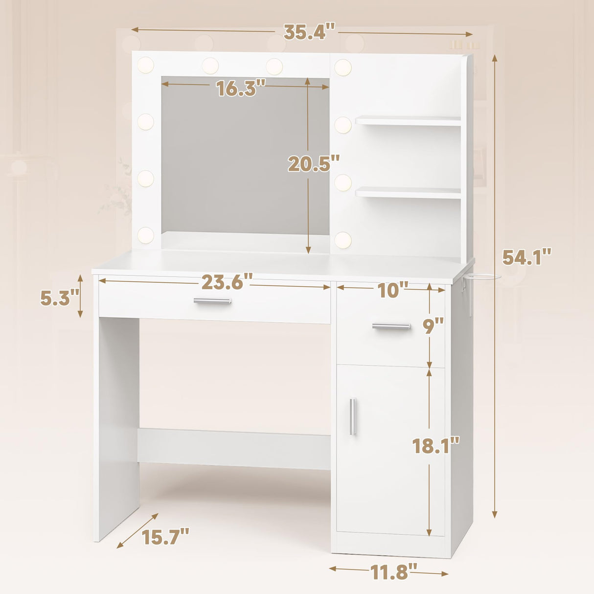 JUMMICO 35.4" Vanity Desk with LED Mirror & Power Outlet, Makeup Vanity Table with 3 Open Storage Shelves, Drawers and Cabinet, 3 Model Adjustable Lights for Bedroom & Dressing Room (White) JUMMICO