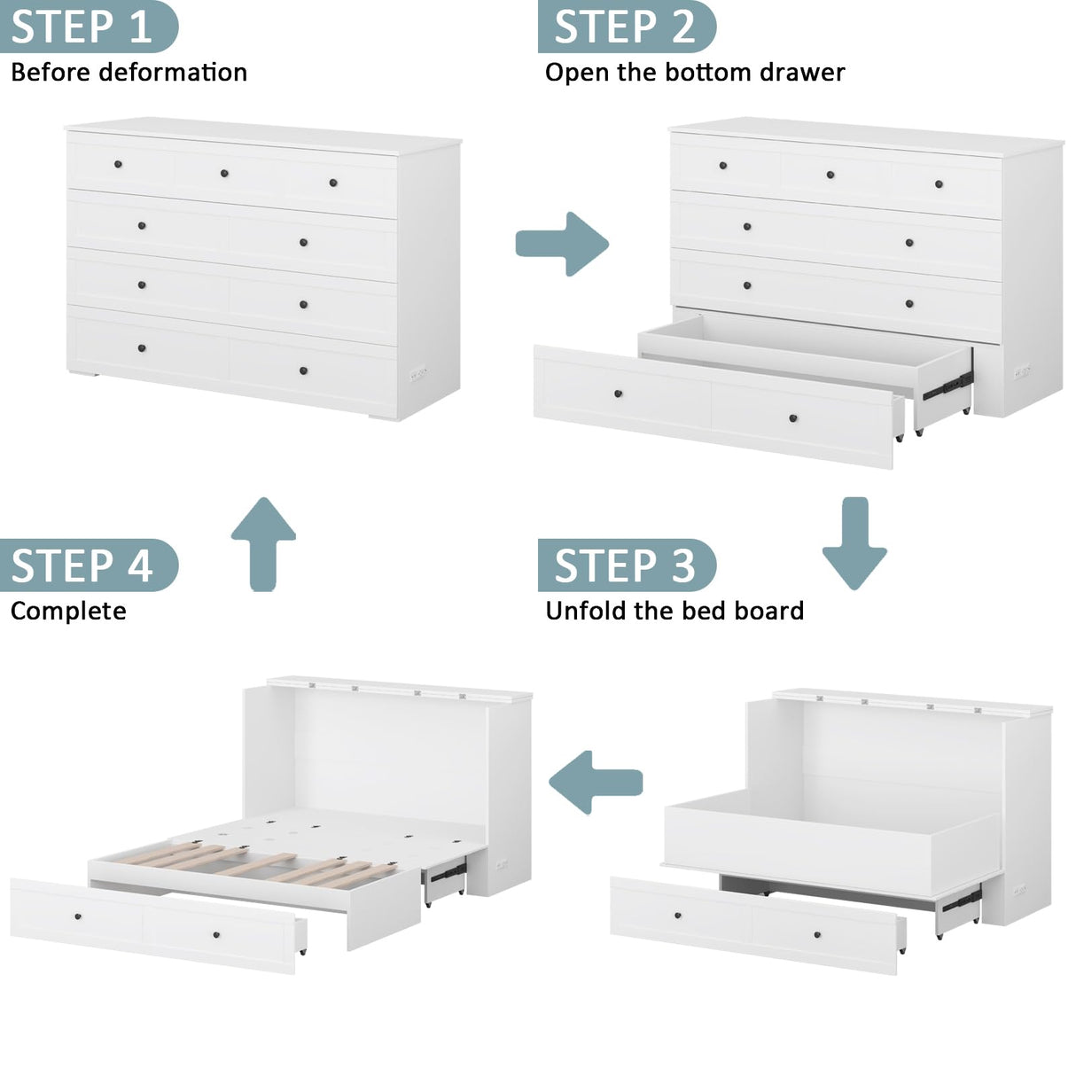 LIVAUVEAD Queen Murphy Bed with Storage & Charging Station, Murphy Cabinet with Foldable Panel, Noisy Free, for Guest Bedroom, Living Room, Office, Distressed White LIVAUVEAD