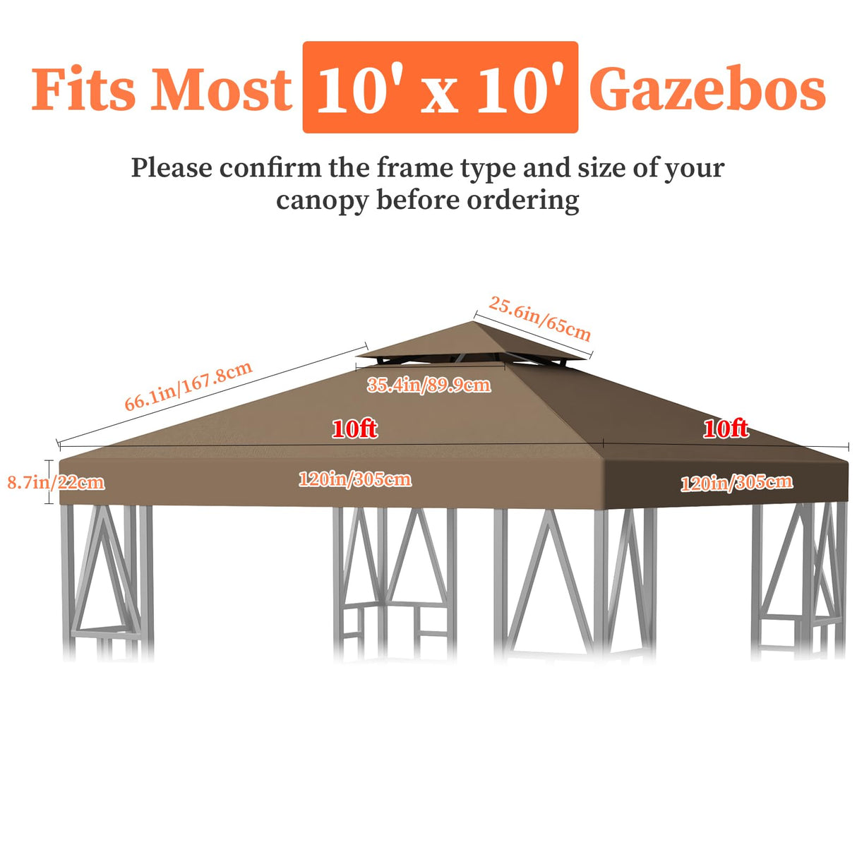 Gazebo Canopy Replacement 118"x118" Outdoor Canopy Shelter for Smaller 10x10ft Top Double Tiered Canopy Cover ERFEI