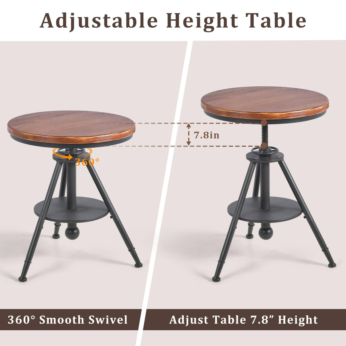 FUBIRUO Dia 19.7" Round Pub Table Height Adjustable with 360 Swivel Solid Wood Tabletop for Dining Bistro Cafe Home Bar, Rustic Brown FUBIRUO