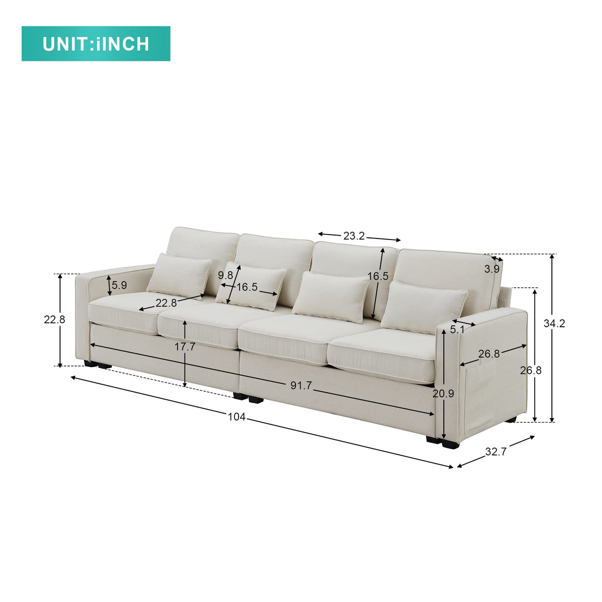 Harper & Bright Designs 104" 4-Seater Modern Linen Fabric Sofa with Armrest Pockets and 4 Pillows,Minimalist Style Couch for Living Room, Apartment, Office,3 Colors Harper & Bright Designs