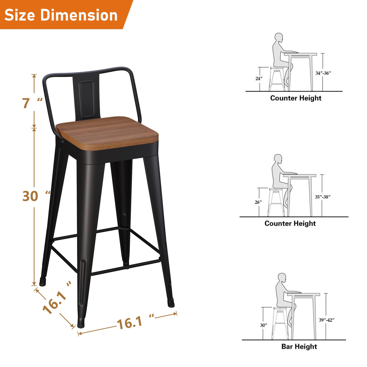 POINTANT Bar Stools Set of 4 Metal Bar Stool Counter Height Bar Stools Black, Modern Bar Chairs with Back and Wooden Seat 30" Bar Stools Counter POINTANT