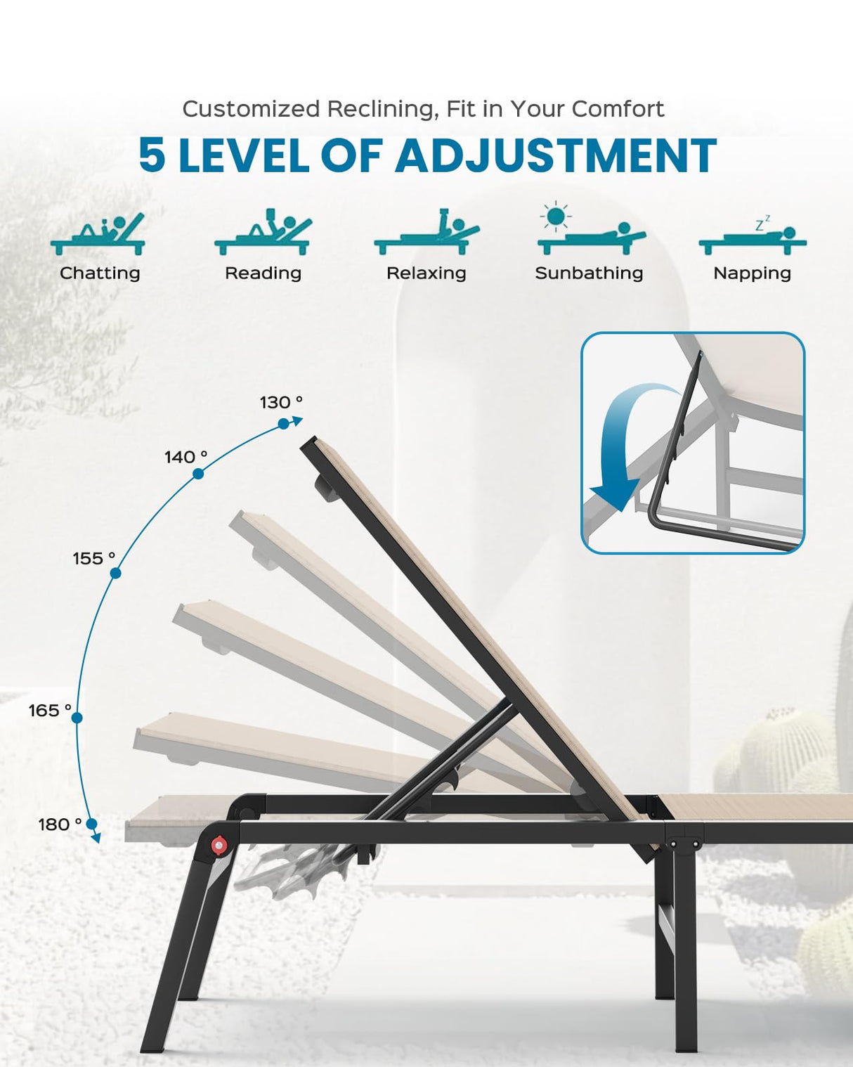 Vexwalx Chaise Lounge Outdoor, Foldable Aluminum Pool Lounge Chairs with 5 Positions Recliner - Free Assembly - Patio Chaise Lounge Chair for Poolside, Beach, Yard (Khaki) Vexwalx