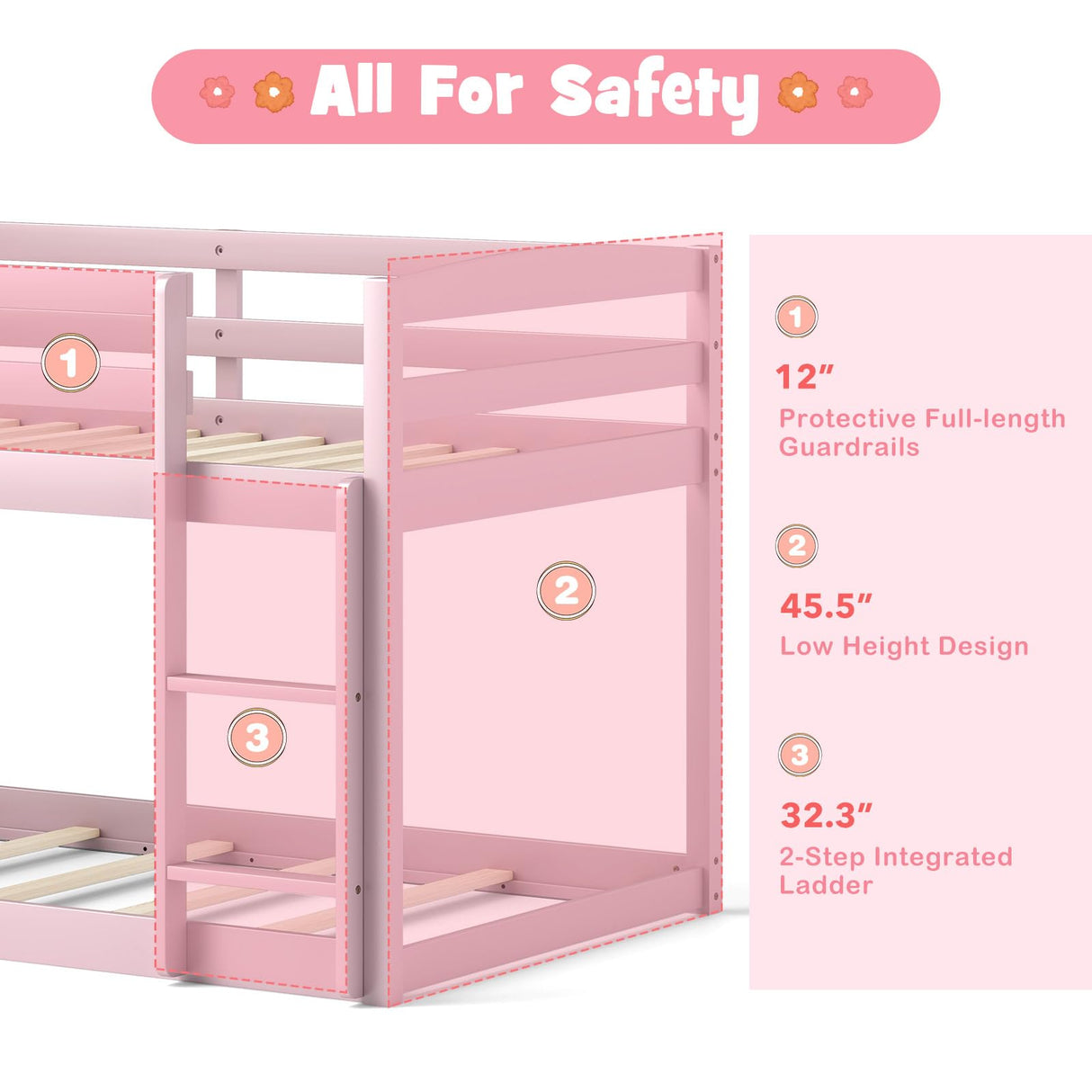 KOMFOTT Low Bunk Bed Twin Over Twin, Solid Wood Bunk Bed Frame with Built-in Ladder & Safety Guardrails, Space-Saving Low Bunk Bed for Kids, Teens, No Box Spring Needed KOMFOTT