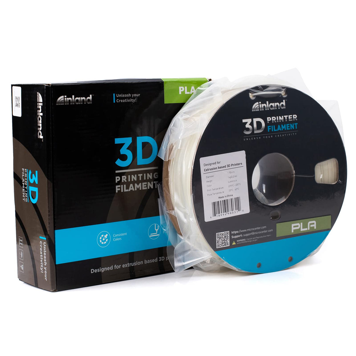 INLAND PLA Filament 1.75mm - Glow in The Dark Light Green PLA 3D Printer Filament, Dimensional Accuracy +/- 0.03mm - 1kg Cardboard Spool (2.2 lbs) – FDM 3D Printing INLAND