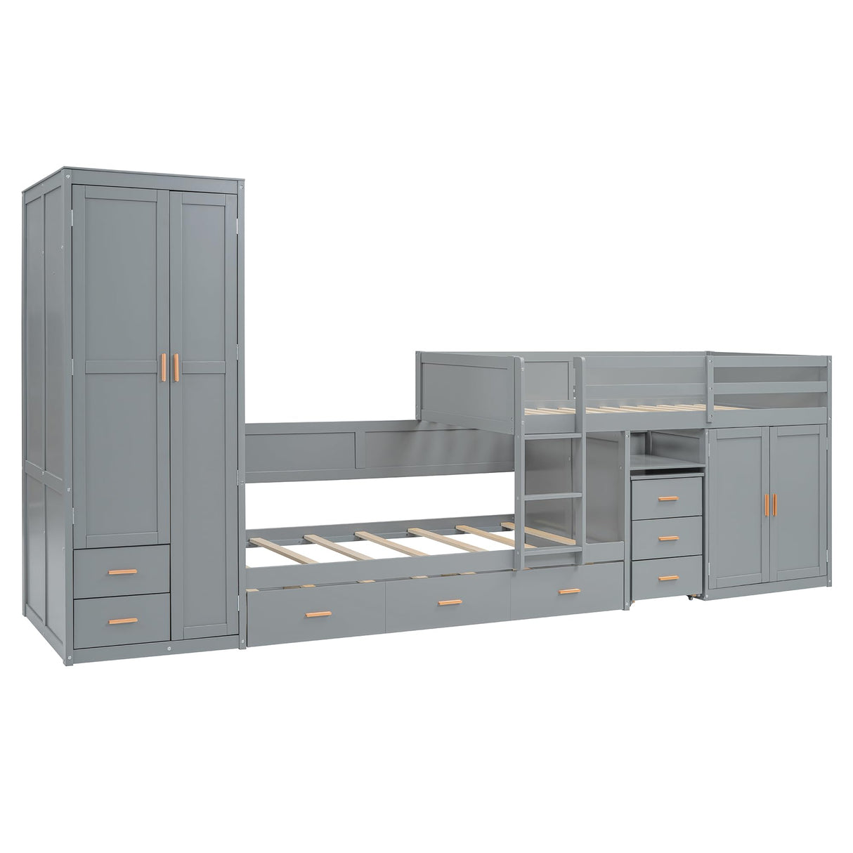 YOPTO Twin Size Bunk Bed with Trundle,Wardrobe,Desk,2 Cabinets and 5 Drawers,Multifunctional Wood Bed Frame W/Integrated Ladder,Safety Guardrails & Slats Support,Easy Assembly,for Kids,Teens,Gray YOPTO