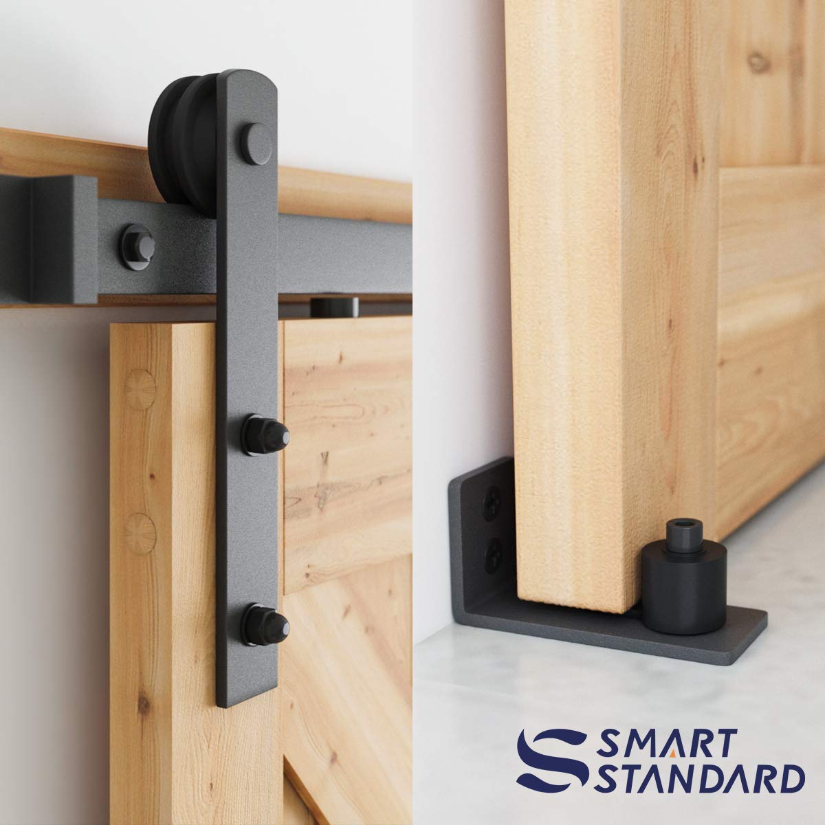 SMARTSTANDARD 6.8 FT Heavy Duty Sturdy Sliding Barn Door Hardware Kit, Black, (Whole Set Includes 1x Pull Handle Set & 1x Floor Guide) Fit 36"-40" Wide Door Panel (I Shape Hanger) SMARTSTANDARD
