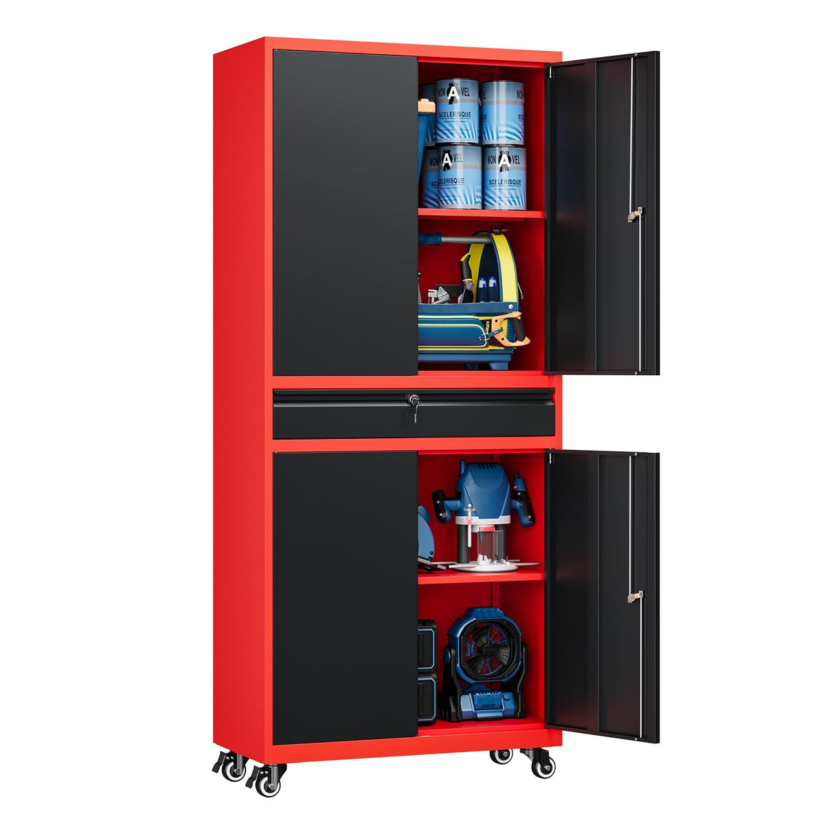 Yizosh Metal Garage Storage Cabinet with Locking Doors and Adjustable Shelves, Rolling Tool Storage Cabinet with 4 Wheels and 1 Drawer - 73" Steel Locking Cabinet for Garage, Warehouse (Red Black) Yizosh