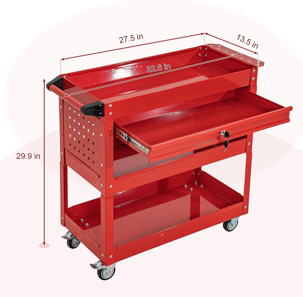 SUN & SUMMER 3-Tier Rolling Tool Chest with Wheels Tool Storage Organizer Cabinets with Lockable Drawers Tool Box with Adjustable Shelf Tool Chest on Wheels for Workshop Garage Warehouse(Red) SUN & SUMMER