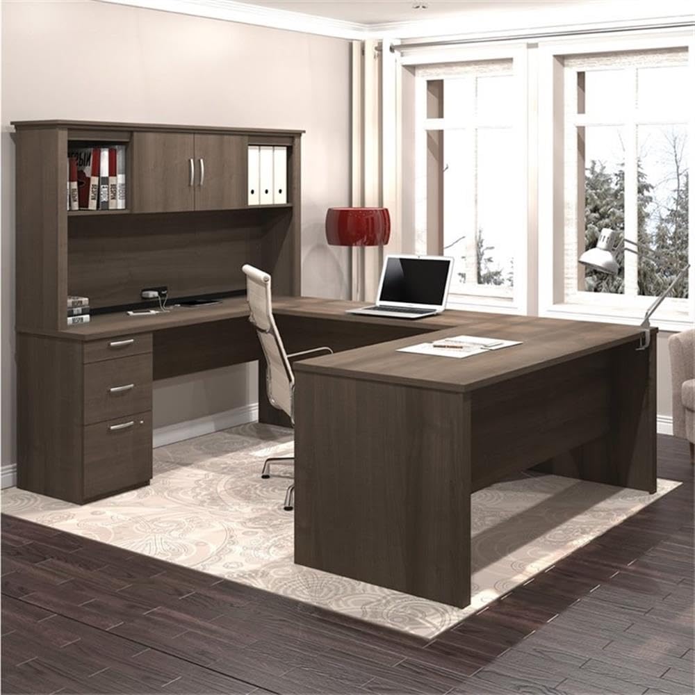 Atlin Designs 66" W x 95.5" D Modern Contemporary U-Shaped Wood Computer Desk with Hutch, for Home Office, Fully Reversible Unit, in Mahogany Finish Atlin Designs
