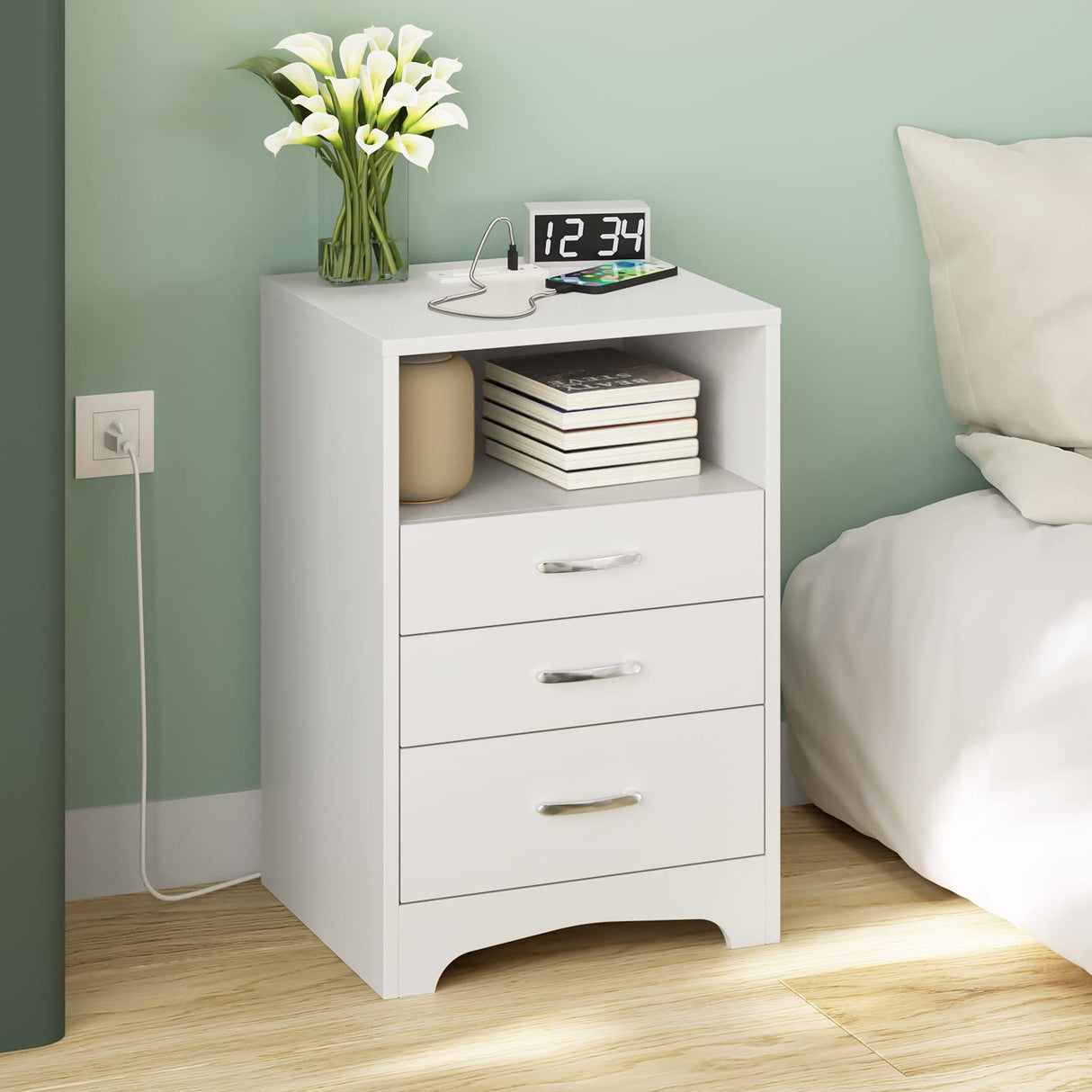 White Nightstand with Charging Station, Modern End Side Table with 3 Drawers, Wooden Cabinet Stand by Sofa, Bedside Tables for Bedroom with USB Ports Outlet & Open Storage HOSEOKA