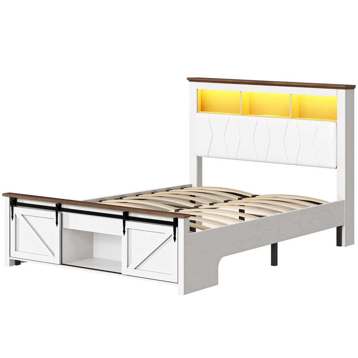 Farmhouse Full Size Bed Frame with Sliding Barn Door and Storage Bookcase, PU Leather Headboard with Charging Station and LED Light, Arc-Shaped Slats, No Box Spring Needed, No Noise, White and Walnut RALGEND