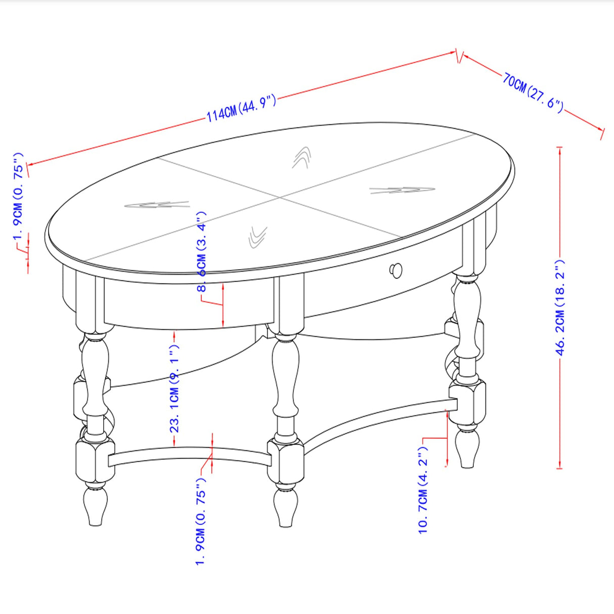 JESONVID Solid Wood Oval Coffee Table with Drawer and Storage Shelf, 44.9" Traditional Retro Center Table Polished Edging Cocktail Tea Table for Living Room Bedroom Home, Vintage Walnut JESONVID