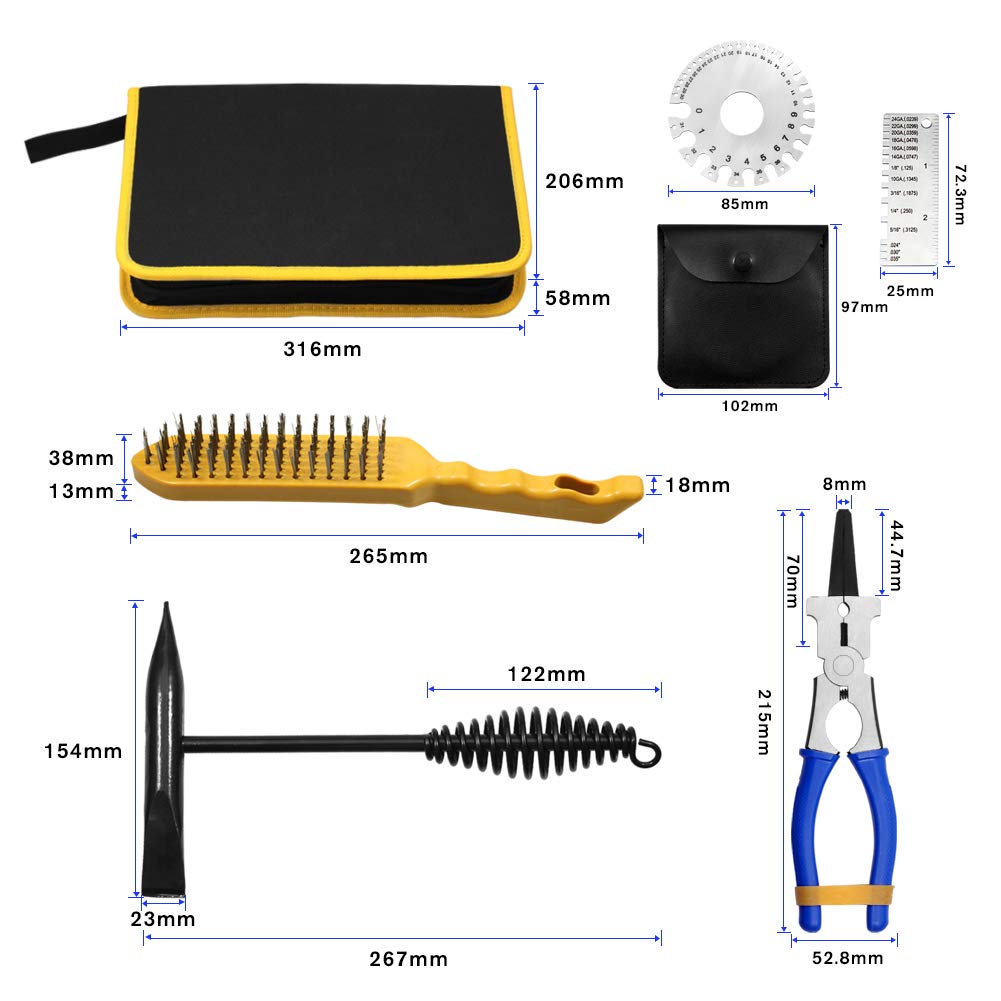 SPEEDWOX 6PCS MIG Welding Pliers Welding Hammer 2 Stainless Steel Metal Sheet Thickness Gauges 6 Row Wire Scratch Brush Storage Pouch Welding Tools Set SPEEDWOX