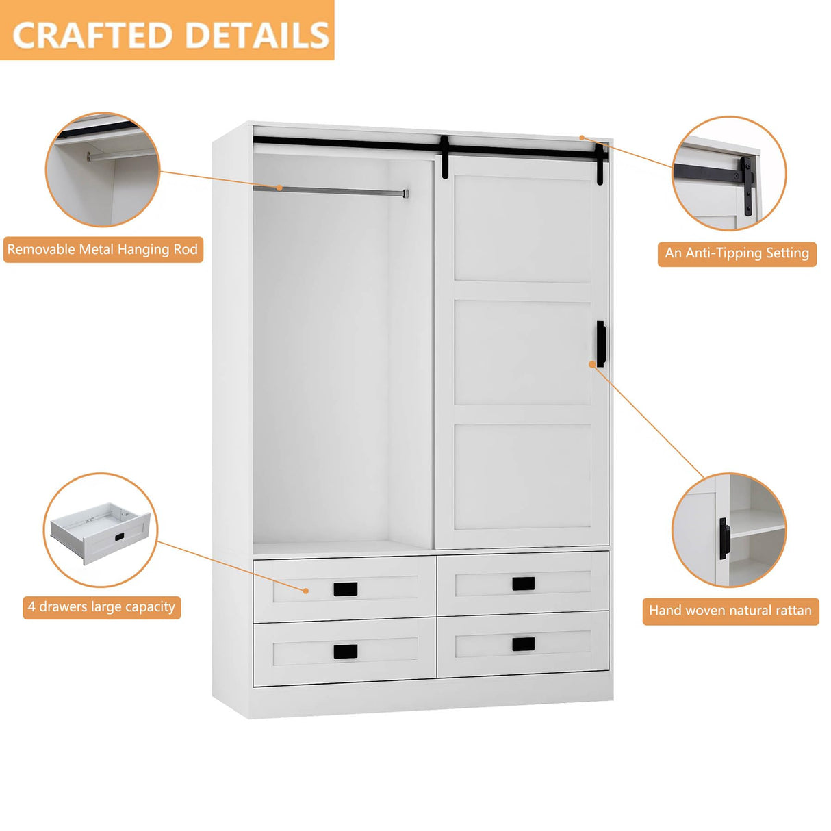 Wardrobe Closet with Doors, 71" Tall Bedroom Armoire, Wooden Closet with Doors and Drawer, Large Capacity Freestanding Wardrobe Closet with Hanging Rod and Shelves, Anti-Dumping Design, White RIDFY