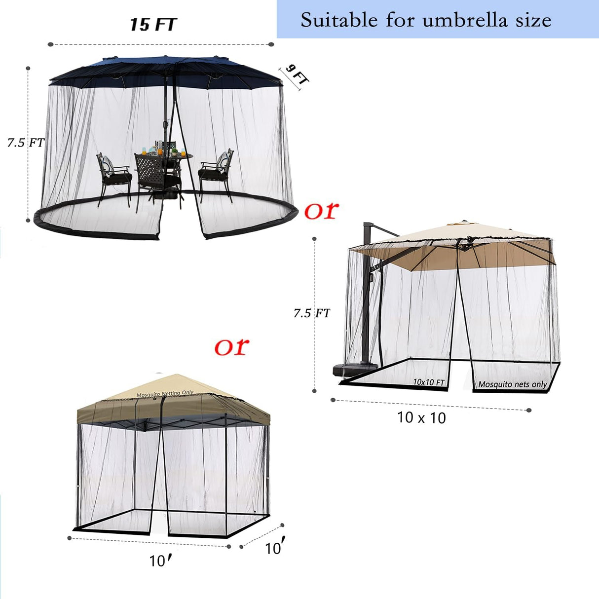 Tiimmgaal 15FT Mosquito Netting for Patio Umbrella Double Sided Patio Umbrella Canopy Netting &10X10 Ft gazebo (Black)(Does Not Contain Gazebo Patio Umbrella) (15FT Black) Tiimmgaal
