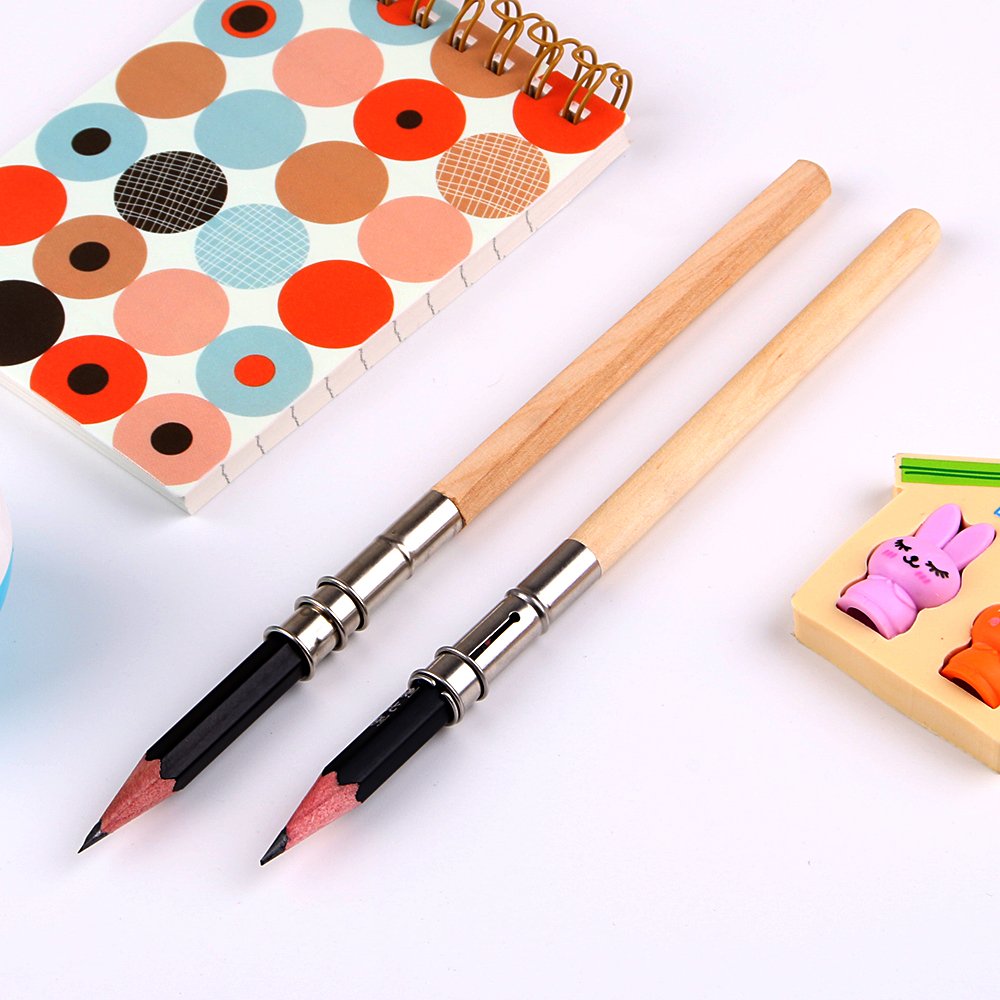 GTHER 5PCS Wooden Pencil Extender, Adjustable Art Pencil Lengthener, Holder with Aluminum Handle for Colored Pencils & Crayons GTHER