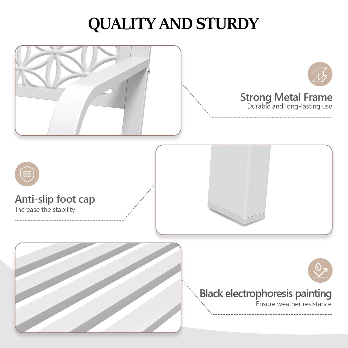 VINGLI 50" Outdoor Bench Metal with Floral Back, Garden Bench Front Porch Bench for Yard Patio Entryway Park Outside, 800lb Capacity - White VINGLI