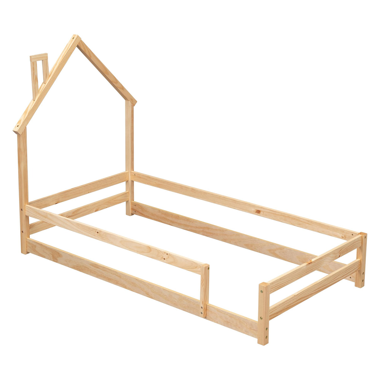 Dolonm Twin Size Montessori House-Shaped Floor Bed Frame with Guardrails in Natural Pine Wood Dolonm