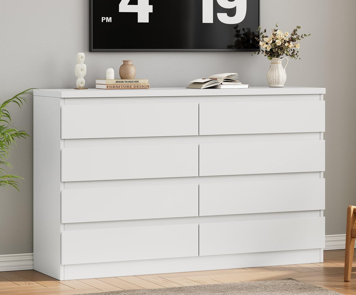 Jocoevol Modern White 8 Drawer Dresser for Bedroom, 15.3" D x 55.2" W x 32.3" H Simply Chest of Drawers, Wood Storage Dresser with Deep Drawers for Living Room Hallway Entryway, White Jocoevol
