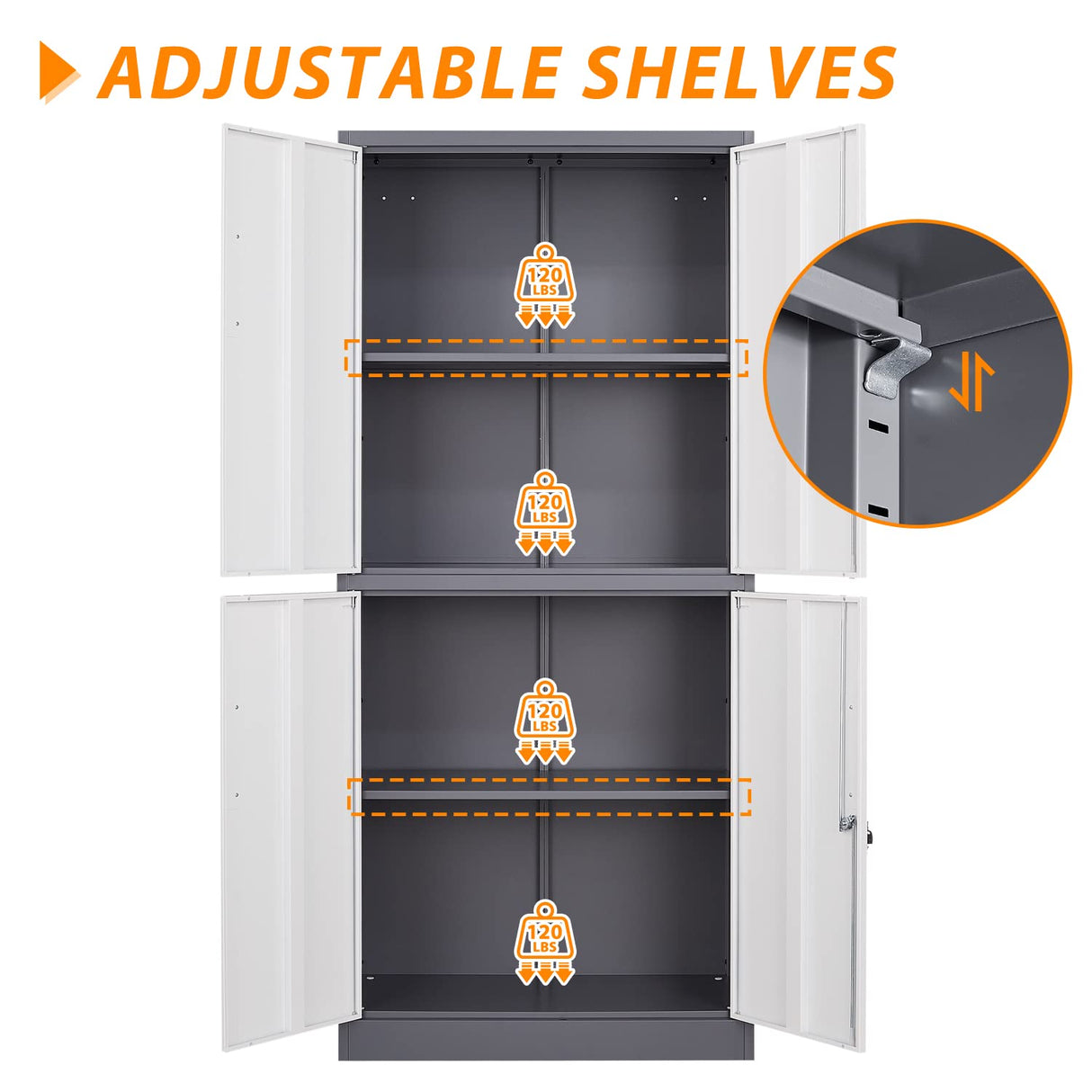 Anxxsu Metal Storage Cabinet, 71" Steel Cabinet with 2 Adjustable Shelves, Locking 4 Doors File Cabinet for Home, School, Office, Hospital, Garage Storage (Grey White) Anxxsu