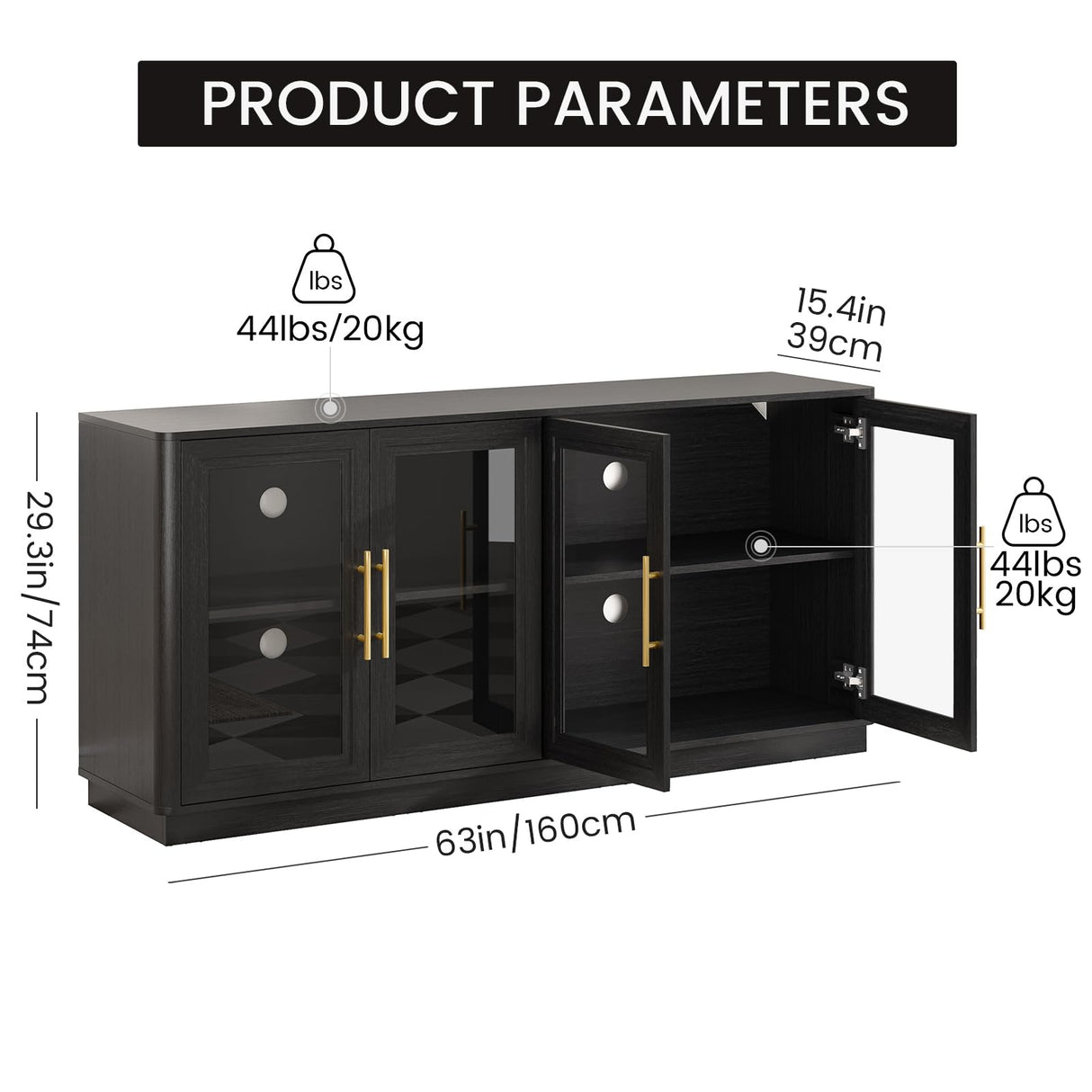 NEWOWNDS Buffet Cabinet with Storage,63" Large Sideboard Buffet Cabinet,Modern Sideboard Kitchen Cabinet with 4 Transparent Glass Doors,Credenza Coffee Bar Cabinet Buffet Table for Kitchen,Black NEWOWNDS