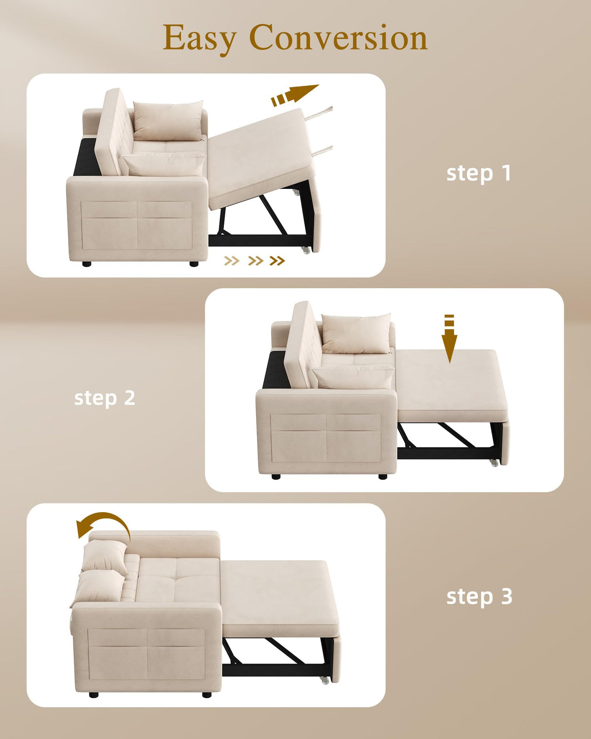 DWVO 55" Convertible Sofa Bed, 3-in-1 Sleeper Sofa with Pull-Out Bed, Velvet Futon Couch with Adjustable Backrest and Side Pocket, Modern Loveseat for Living Room Apartment, Beige DWVO
