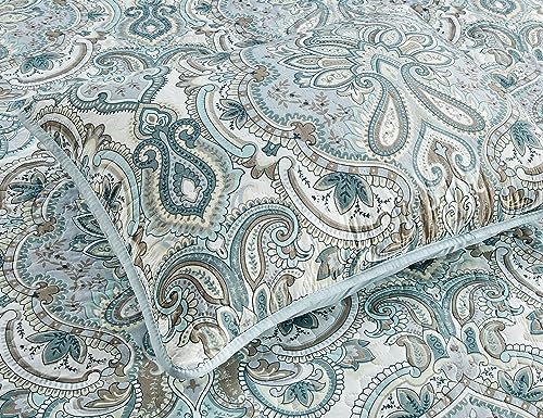 Grand Linen 3 Piece Oversized Lightweight All-Season Paisley Design Quilt Set, King Size, 115” Wide x 95” Long, Soft Microfiber Bedspread with 2 Shams, Blue, Grey and Brown Colors, Reversible Coverlet Grand Linen