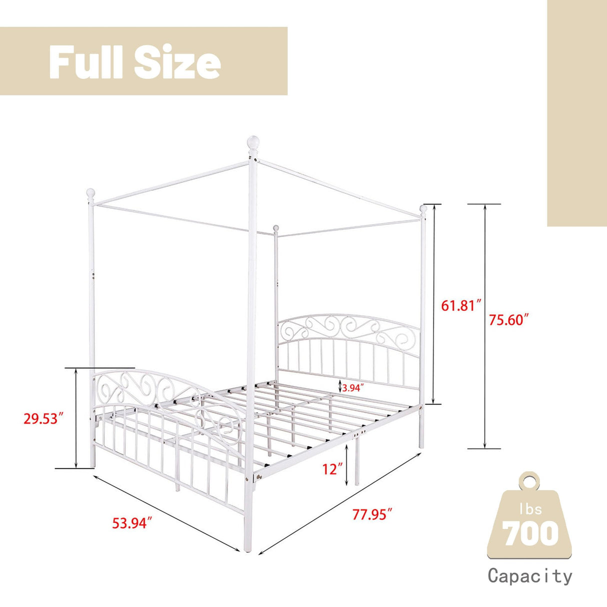 AUFANK Full Size Canopy Bed Frame Four-Poster Metal Platform Bed with Headboard and Footboard Sturdy Heavy Duty Steel Slat Support No Box Spring Needed White AUFANK