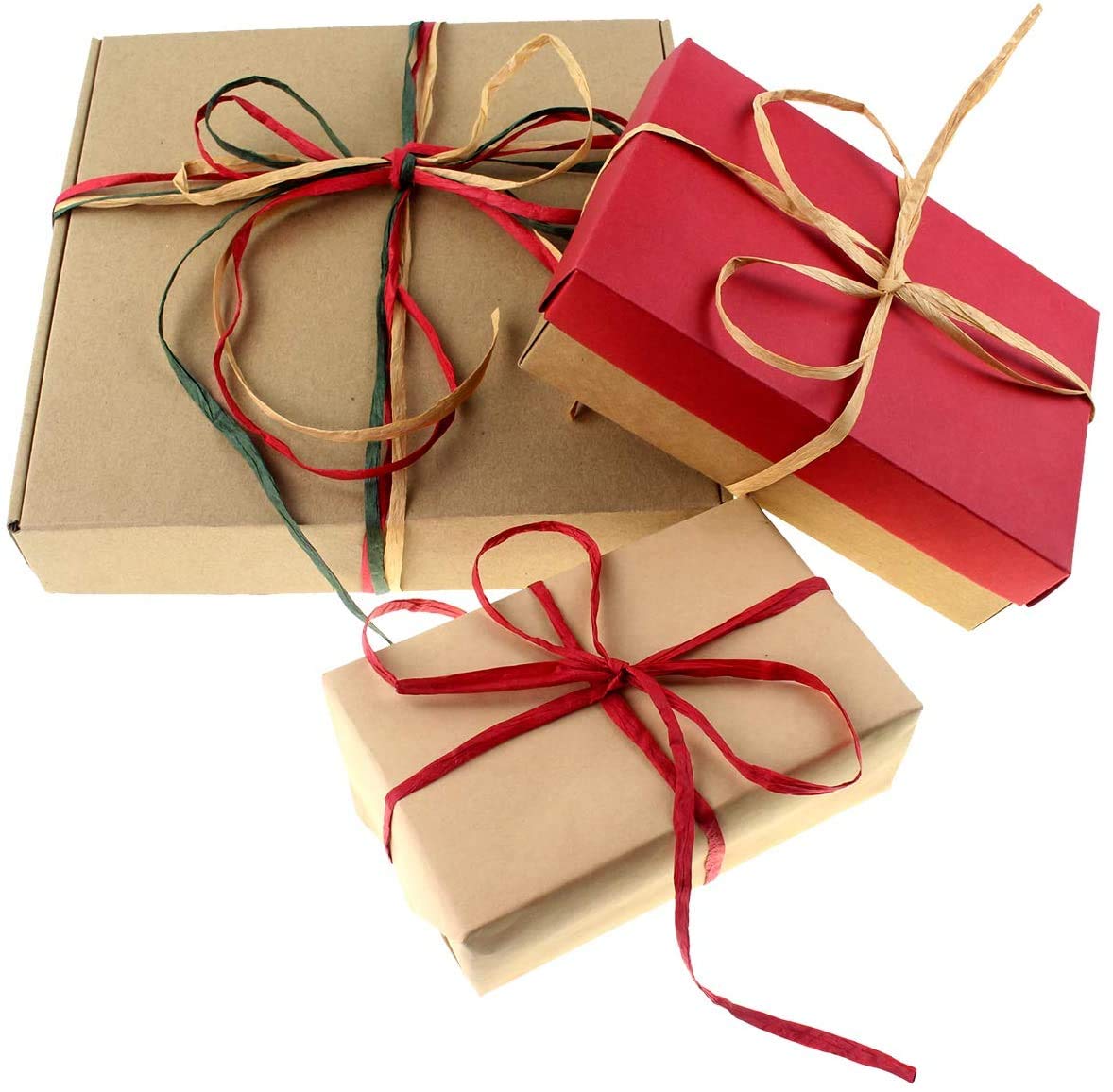 CREATRILL 3 Rolls Red Green Kraft 1/4" by 492 Feet Raffia Ribbon/String, 164 Feet Each Roll, Packing Paper Twine for Christmas CREATRILL