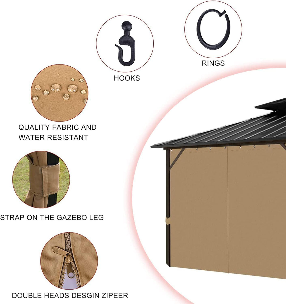 slashome 10'x12' Gazebo Curtains Outdoor Waterproof, Khaki Universal Replacement Curtain 4-Panels, Sidewalls with Zipper for Garden, Patio, Yard (Only Curtains) slashome