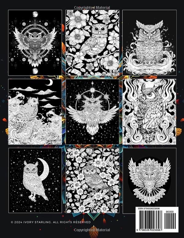 Mysterious Owls Adult Coloring Book: Black Background Nocturnal Owls, 50 Fantasy Designs For Mindfulness and Stress Relief (Birds Coloring Books) WoodArtSupply