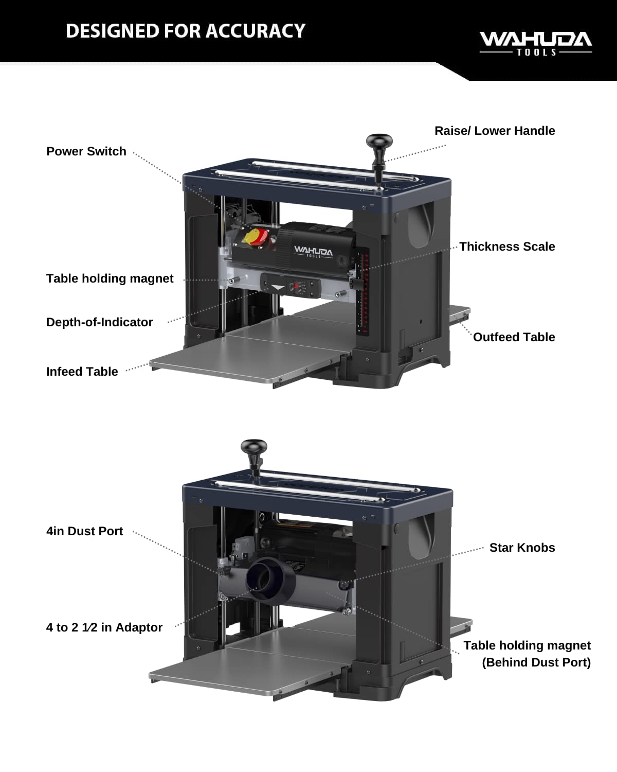 Wahuda Tools 13" Spiral Cutterhead Planer with 4-sided carbide Tips (Single Speed - New) WAHUDA TOOLS