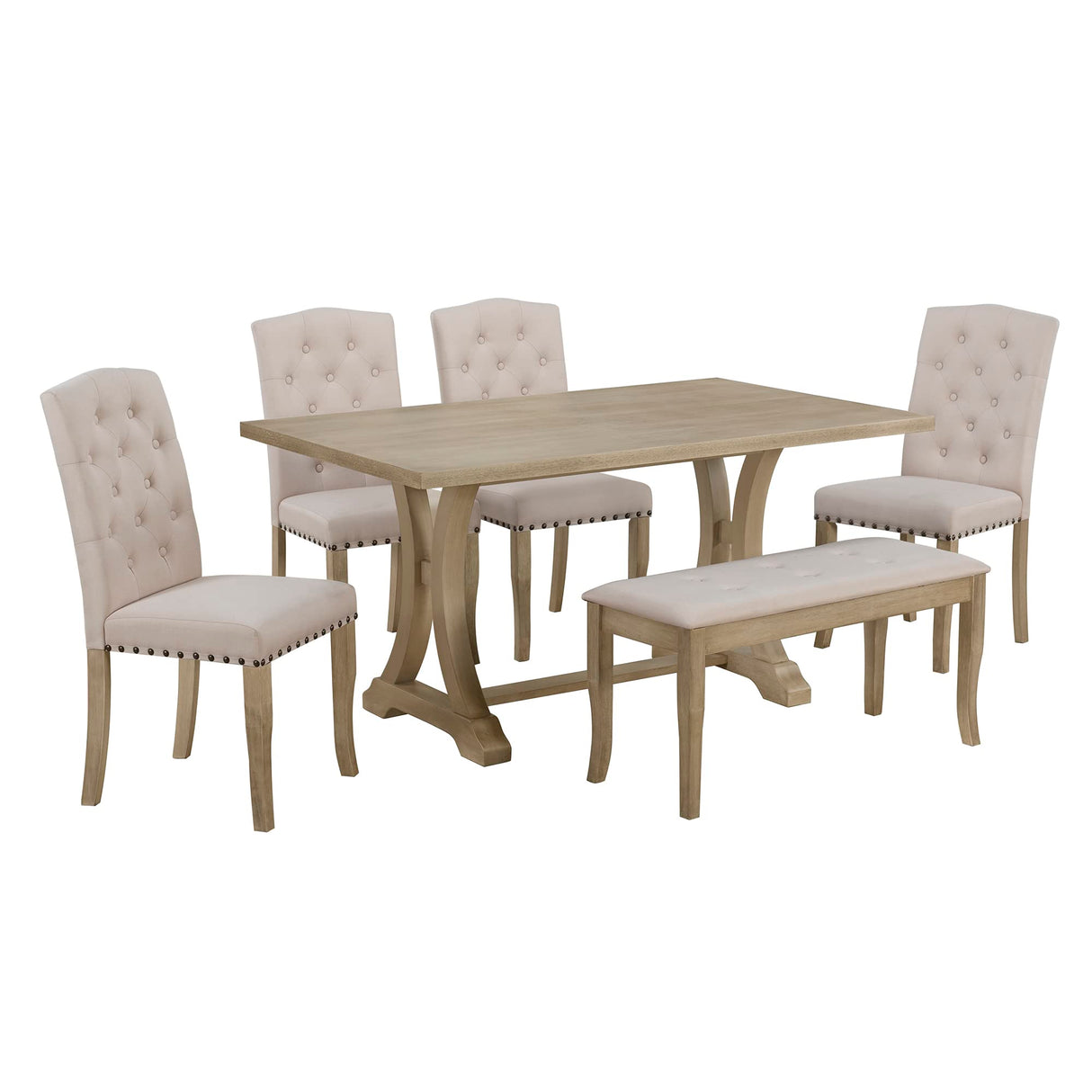 Harper & Bright Designs Classic and Traditional Style 6 - Piece Dining Set, Includes Dining Table, 4 Upholstered Chairs & Bench (White+Gray) (White+Gray) (Natural Wood Wash1) Harper & Bright Designs