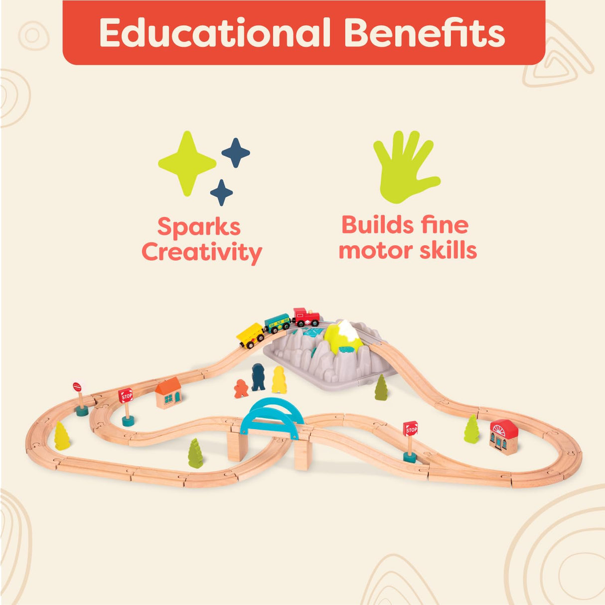 B. toys- Wood & Wheels Train Set- 47pc Wooden Train Set- Train Tracks & Accessories – Storage Bucket with Mountain Lid – Classic Toys for Toddlers, Kids – 3 Years + B. toys