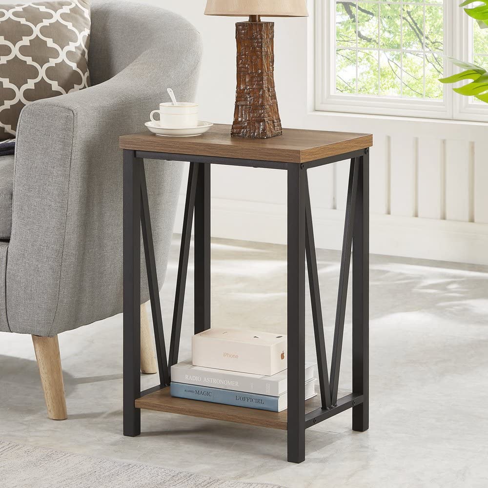FOLUBAN Side Table with Storage Shelf, Rustic End Table for Living Room, Wood and Metal Nightstand for Bedroom, Oak FOLUBAN