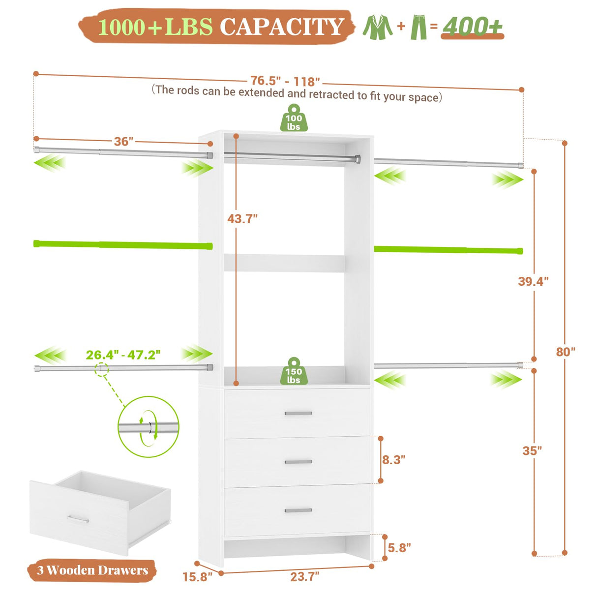 Aheaplus Closet System, Closet Organizer with 3 Wooden Drawers, Closet Organizer System, Walk-in Closet Wardrobe Clothes Rack with 4 Hanging Rods, Garment Rack, -4R, White Aheaplus