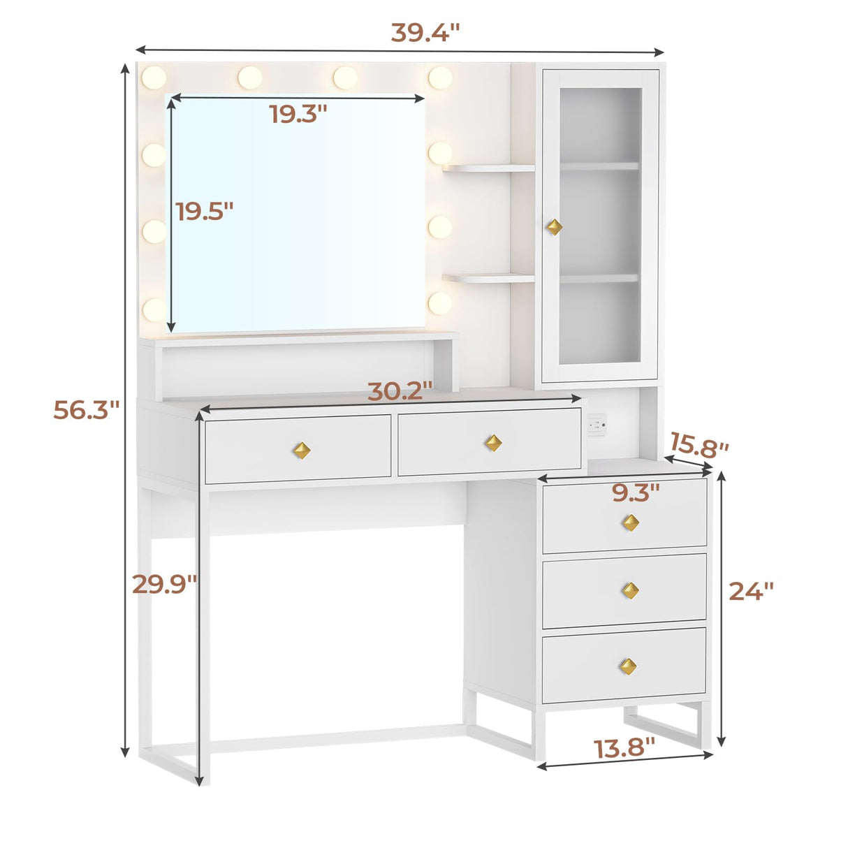 Tiptiper Makeup Vanity Desk with Mirror and Lights & Charging Station, White Vanity Table with 5 Storage Drawer & Glass Door & 3 Shelves for Bedroom, Modern White Tiptiper