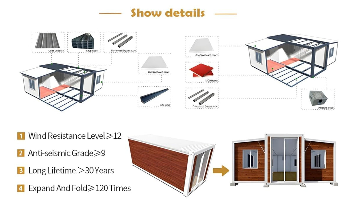 40FT Prefab House,Portable Container House to Live in with 3 Bedroom,1 Full Equiped Bathroom and Kitchen,Prefabricated Tiny House for Living,Foldable Mobile Home, Office, AirBNB Generic