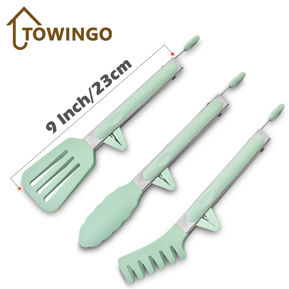 Kitchen Tongs for Cooking, 9 Inch Small Silicone Tongs, Food Grade Mini Serving Tongs with Silicone Tips, Set of 3, Green TOWINGO