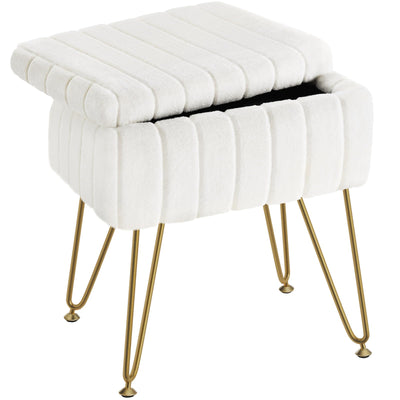 Greenstell Vanity Stool Chair Faux Fur with Storage, 15.7"L x 11.8"W x 19.4"H Soft Ottoman 4 Metal Legs with Anti-Slip Feet, Furry Padded Seat, Modern Multifunctional Chairs for Makeup, Bedroom White