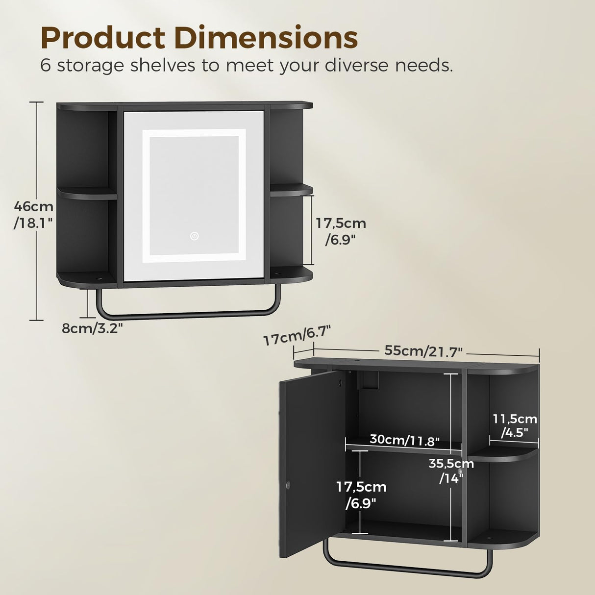 Bathroom Wall Cabinet with Mirror, Mirrored Medicine Cabinet with 3 Colors LED Light and 4 Open Shelves, Wall Mounted Over Toilet Storage Cabinets with Adjustable Shelf, 21.7"L x 6.7"W x 18.1"H, Black MAHANCRIS