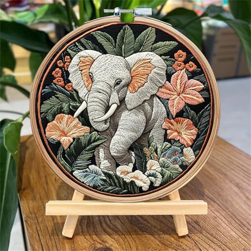 SCECALA 4 Pack Elephant Animal Embroidery Kit - Flower Floral Hand Funny Embroidery Kit for Beginners with Pattern, Complete Cross Stitch Supplies DIY Craft for Adults Sewing Hobby, 1pc Hoops