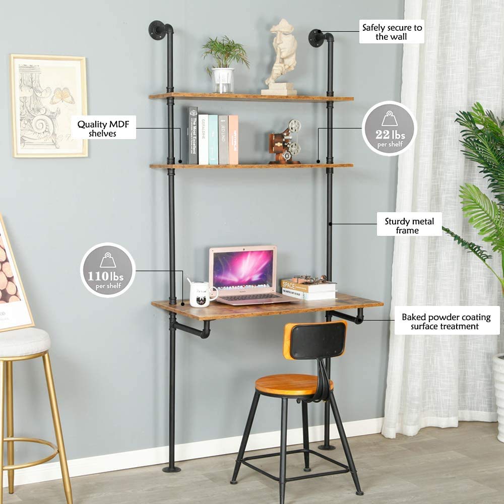 ZIOTHUM Wall Mount Desk, Ladder Desk, Shelf Desk, Industrial Desk, Wall Table, Computer Laptop Desk with Shelves, Industrial Bookcase Desk Wall Mount Floating Pipe Table with Storage (36x20x81) ZIOTHUM