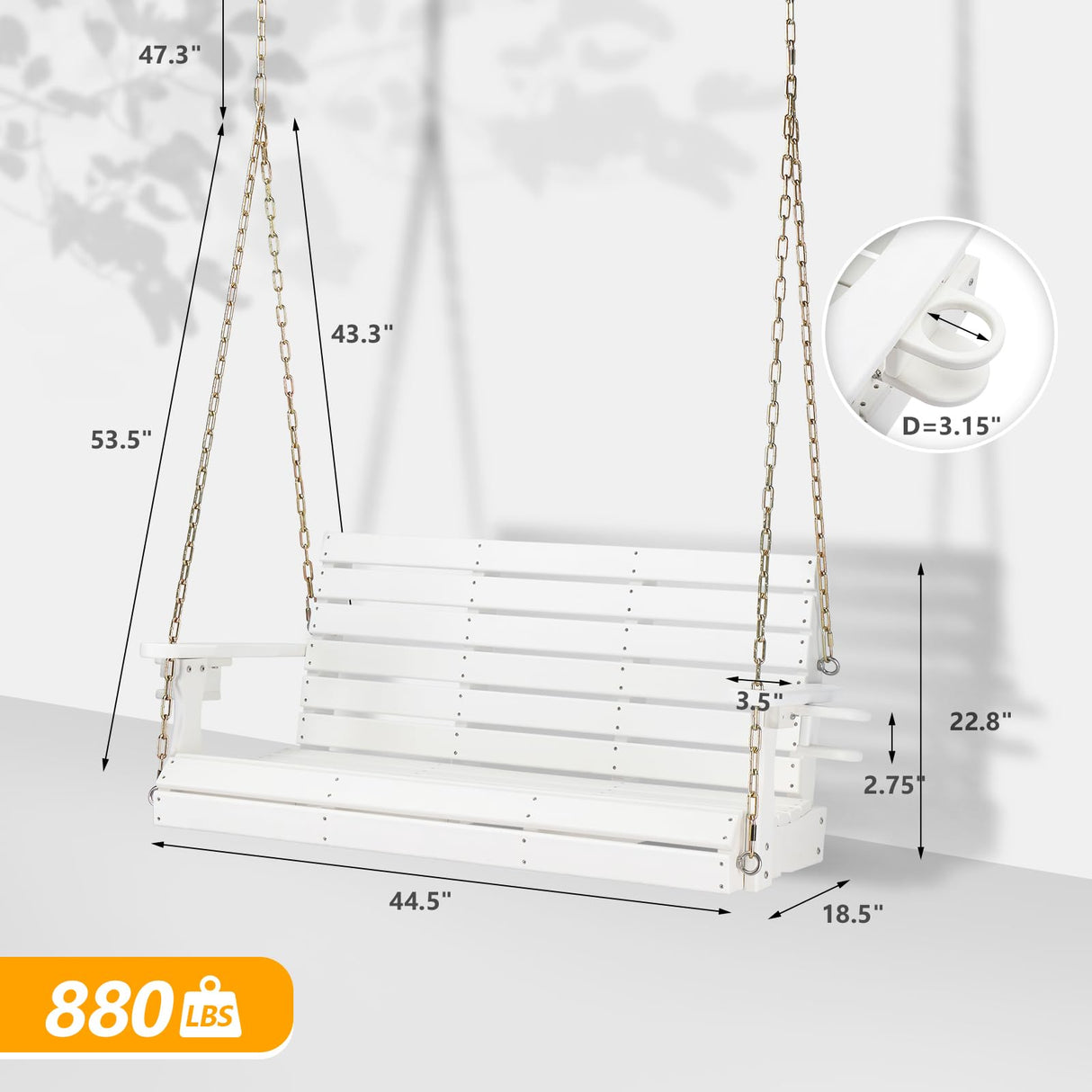 VINGLI Heavy Duty 1600 LBS HDPE Porch Swing Outdoor with Rotatable Cup Holder, 4 FT Patio Bench Swing with Adjustable Chains, 2 Person Hanging Porch Swing Chair for Porch, Yard, Tree, Garden - White VINGLI