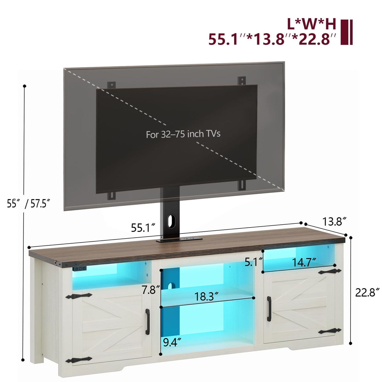 ROCHECASA TV Stand with Mount, Farmhouse TV Stand for 32-75 inch TVs with Charging Station LED Lights, Entertainment Center with Storage for Bedroom, Living Room ROCHECASA