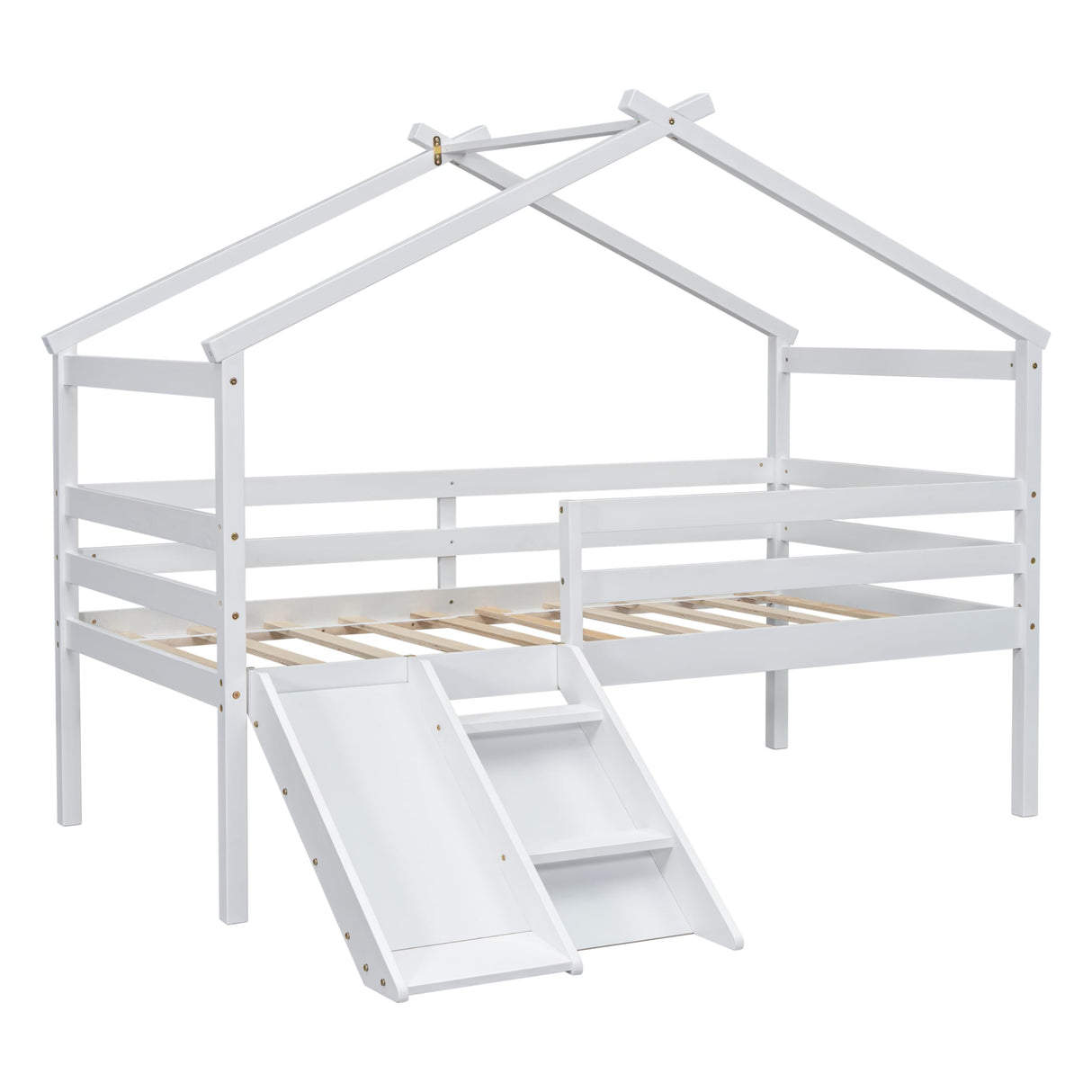 PVWIIK Twin Size Low Loft Bed with Slide for Kids,Girls,Boys Bedroom,Wood House Roof Frame with Inclined Ladder,Easy to Assemble,Under Bed Storage,No Box Spring Needed,White PVWIIK